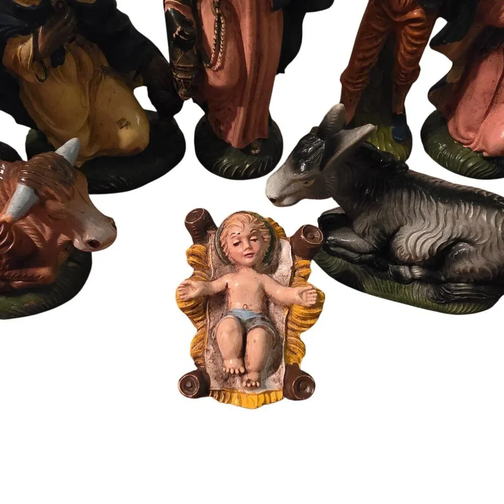Vtg Italy Nativity Hand Painted Resin Figurine Mary Joseph Shepherd Jesus 9pc